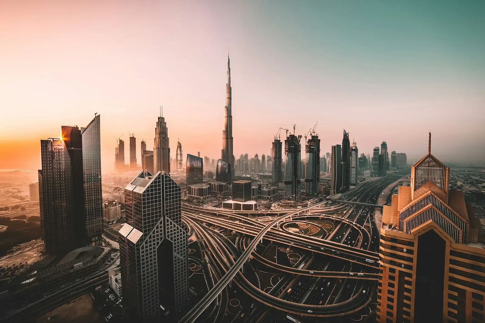 Dubai skyscrapers above a highway interchange